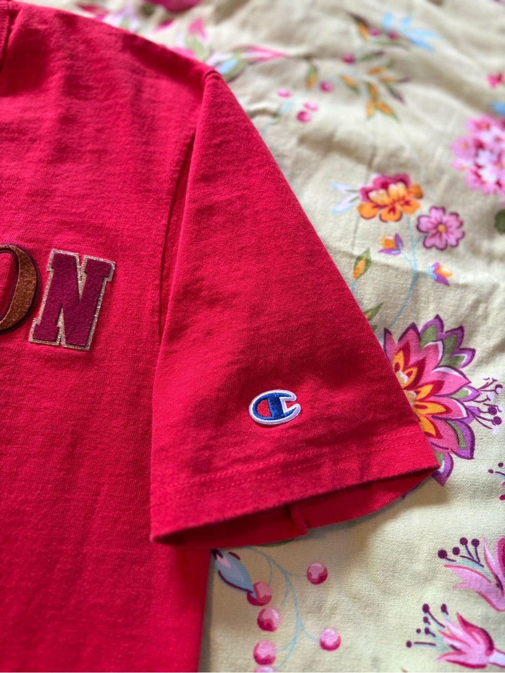 Champion Y2K chenille felt raised lettering red tee men’s small 26x17 EUC - Picture 3 of 7